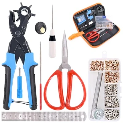 Immagine di Swpeet Set di 8 punzoni per pelle con occhielli e kit punzonatura professionale, tra cui pinza, cacciavite, forbici, righello, punteruolo asta macinazione, perforatrice varie dimensioni