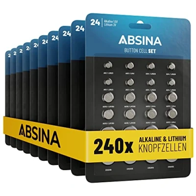 Immagine di ABSINA 240 batterie a bottone miste alcaline e litio 20x AG1, AG3, 40x AG4, AG10, AG13, CR2016, CR2025, CR2032 Pile da 1,5V 3V orologio