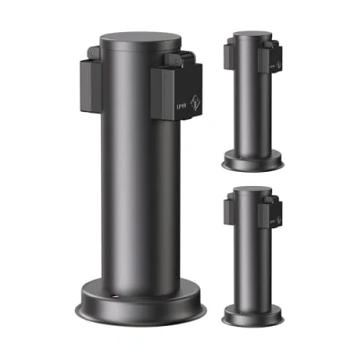 Immagine di ledscom.de 3 pz. presa da giardino a colonna PORU per esterni, IP44, 2 vie, acciaio inox, nero, rotonda, 27 cm