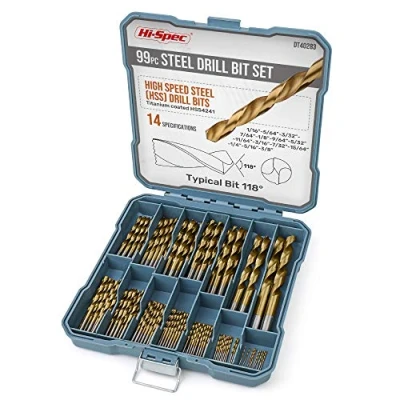 Immagine di Hi Spec Set di punte da trapano in una custodia. Per foratura fai te metallo, ferro, legno e plastica con acciaio HSS rivestite