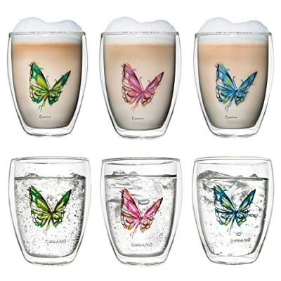 Immagine di Creano Set di 6 Bicchiere Termico Farfalla Colorata, tè Doppio Vetro, Latte Macchiato, Tazza Termica 250ml in Una Scatola da Regalo Esclusiva