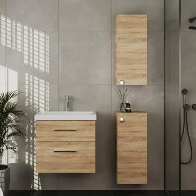 Immagine di Planetmöbel set da bagno in mobiletto 63 cm, con lavabo e 2 armadietti rovere Sonoma, 4 pezzi