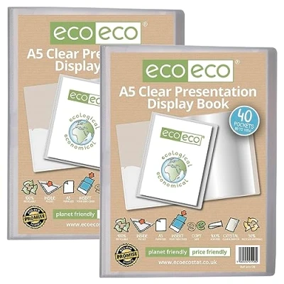 Immagine di eco eco128x2 Cartellina portadocumenti trasparente, formato A5, riciclata al 50%, 40 tasche, con buste in plastica, confezione da 2