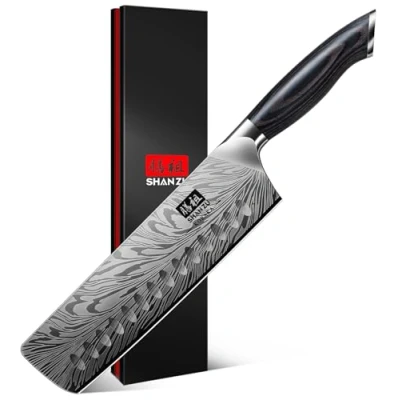 Immagine di SHAN ZU Coltello Nakiri Giapponese a Acciaio Polvere, 18 cm Coltelli da Cucina ad alto Tenore di Carbonio 63 HRC per Verdure con Lama Affilata 12 e Impugnatura Ergonomica in Pakkawood