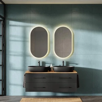 Immagine di Planetmöbel LUX Set di mobili da bagno con mobiletto 140 cm, sospeso, 2 lavabo, 42 colore nero, lavabo dorato/antracite