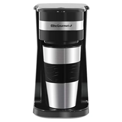 Immagine di Elite Gourmet, Macchinetta per caffè EHC111A# compatta, monodose, 414 ml, con tazza termica da viaggio interno in acciaio inox, compatibile macinato, filtro riutilizzabile, nero