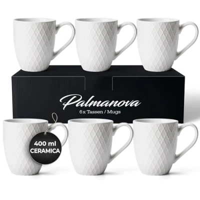 Immagine di MIAMIO 6 x 400 ml Set di tazze da caffè Tazza moderna in ceramica grande Collezione Palmanova (Bianco)