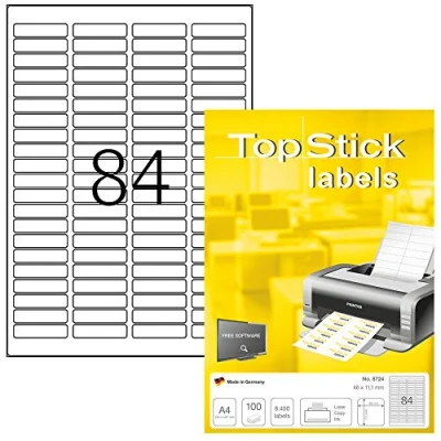 Immagine di TopStick etichette multiuso autoadesive, 84 per foglio A4, 100 fogli, 46 x 11,1 mm, 8400 etichette, adesive universali vuote, stampanti laser e inkjet, bianco