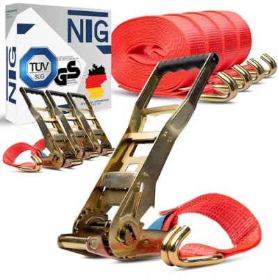 Immagine di 8 cinghie di serraggio da 5000 kg, m, con cricchetto Ergo e gancio, a lungo, 2 pezzi, camion, 50 mm, TÜV/GS