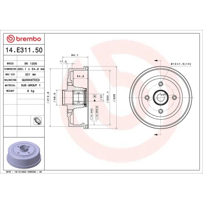 Immagine di BREMBO 14.E311.50 Freni a Tamburo con kit cuscinetto ruota 200,1mm OPEL: Corsa C Hatchback