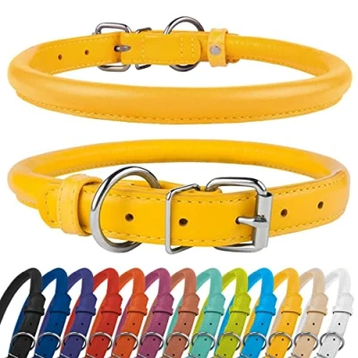 Immagine di CollarDirect collare per cani arrotolato in pelle, morbido rotondo imbottito cuccioli, fatto a mano vera pelle piccoli collari (8 11 pollici, testurizzato giallo)