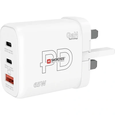Immagine di SKROSS Power Charger 65W GaN UK Caricabatterie per PC, Tablet, Smarthone con Ricarica Rapida 65 W Caricatore 3 dispositivi USB (USB 18W + C 20W 65W) Presa
