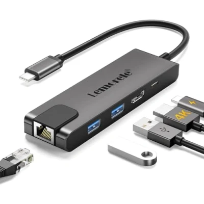 Immagine di Lemorele Hub USB C con Gigabit, adattatore 5 in 1 a RJ45 Ethernet 1000Mbps, 4K HDMI, 2 3.0, 100W PD, per SteamDeck, MacBook Pro/Air, iPad, ChromeBook Pixel, Matebook, PC Tablet Type