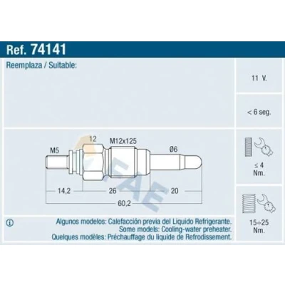 Immagine di FAE 74141 Candeletta 11V M12x125 VOLKSWAGEN: TRANSPORTER 4 Bus, 4, 3 AUDI: A4 B6 Avant, A3 Hatchback, B5 Avant