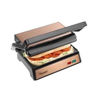 Immagine di Bestron Griglia elettrica a contatto con vaschetta di raccolta, manico Cool Touch e apertura 180, paninimaker rivestimento antiaderente, modello principiante, collezione in rame, colore: