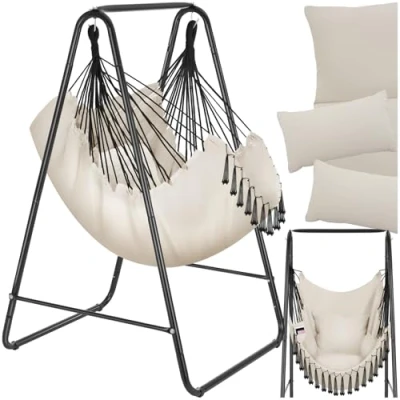 Immagine di tectake® Poltrona Sospesa Boho con Cuscini, Tasca Laterale, Tessuto Misto Cotone Poliestere, Telaio in Acciaio, Capacità 160 kg, Arredamento Casa e Giardino, per Interni ed Esterni Beige