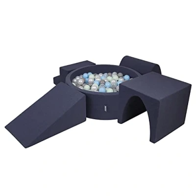 Immagine di KiddyMoon Area di Gioco in Schiuma con Tondo Piscina Palline (200 Palline) per Bambini, Blu Scuro:Perla/Grigio/Trasparente/Azzurro/Menta
