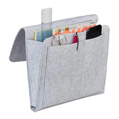 Immagine di Relaxdays Tasca Portaoggetti da Letto, 5 Scomparti Appendere, Portatelecomandi Divano, Organizer Feltro,Grigio Chiaro
