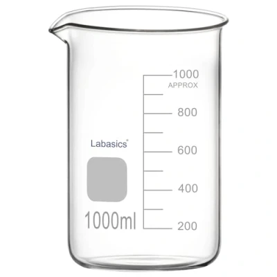 Immagine di Labasics Bicchiere di Vetro, 1 Confezione, Vetro Borosilicato a Forma Bassa Graduato Griffin con Beccuccio Versatore, 1000 ml, Resistenza ad Alta Temperatura, Uso in Laboratorio