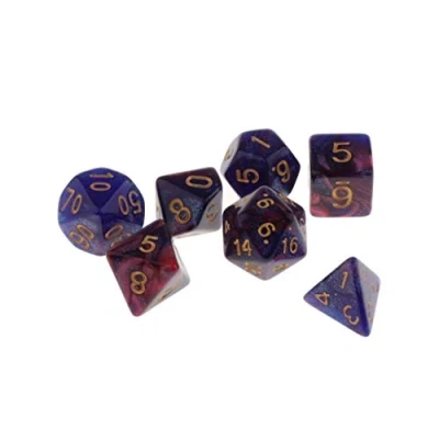 Immagine di 7 dadi poliedrici D4 D6 D8 D10 D12 D20 per giochi di ruolo DnD blu viola