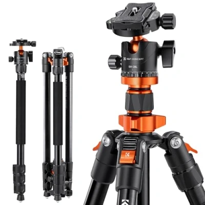 Immagine di K&amp;F Concept Treppiede Fotocamera 158cm, da viaggio in Alluminio con Monopiede, Compatto e Leggero Testa a Sfera Piastra di Rilascio per DSLR Canon Nikon Sony K254A1+BH 28L