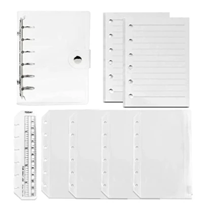 Immagine di DY.2ten Set di quaderni ricaricabili A7 con copertina 6 fori in PVC per raccoglitore + 90 fogli (180 pagine) carta foderata 4 tasche chiusura lampo righello