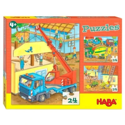 Immagine di HABA 305469, collezione 3 motivi, bambini a partire dai 4 anni, puzzle da cantiere 24 pezzi ciascuno, per allenare la concentrazione e le abilità motorie fini, Multicolore