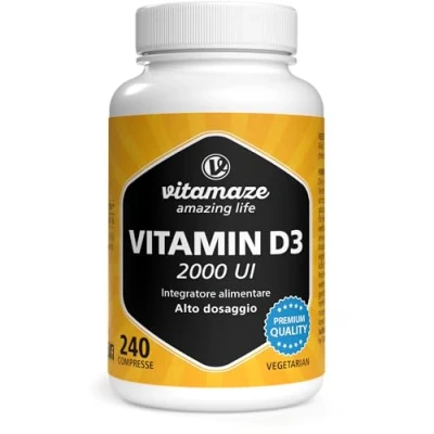 Immagine di Vitamaze® Vitamina D3 240 compresse Alto dosaggio e vegetariana per più di 1 anno, 2000 UI, 50 mcg colecalciferolo puro, integratore alimentare naturale senza additivi, Prodotto in Germania