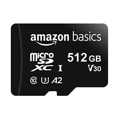 Immagine di Amazon Basics MicroSDXC, 512 GB, con Adattatore SD, A2, U3, velocità di lettura fino a 100 MB/s, Nero