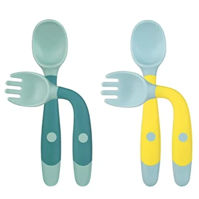 Immagine di Vicloon 4 Pezzi Cucchiaio e Forchetta per Bambini Senza BPA, da Addestramento L&#039;alimentazione Del Bambino, Set di Posate Apprendimento Facile Impugnare Pieghevole