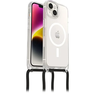 Immagine di Otterbox Cover React Necklace con MagSafe per iPhone 14, Custodia sottile, antishock cordone da collo, adattabile e intercambiabile, testata a norme MIL STD 810G, Trasparente
