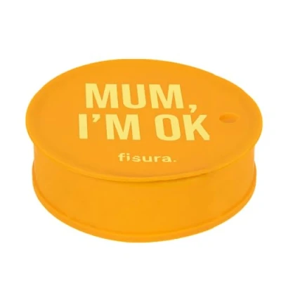 Immagine di Fisura Coperchio bicchieri antidroga &quot;Mum I&#039;m ok&quot;. Protezione per bevande originale blu. Copertura riutilizzabile. della tazza antiderrame Realizzato in silicone.