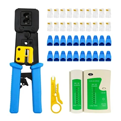 Immagine di Zhuge Kit attrezzo di crimpatura RJ45 Pass Through Cat5 Cat5e Cat6, per RJ45/RJ12 Connettori Standard, 100PCS Protezioni, Moduli Cat6 Through, Tester cavi rete