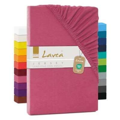 Immagine di Lavea, lenzuolo in jersey con angoli, serie Maya, 100% Cotone, lavorazione di alta qualità, elastico, certificazione Oeko Tex 100, Corallo, 120 x 200 cm