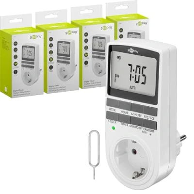 Immagine di goobay Set di 4 timer digitale con 16 programmi modalità casuale per protezione anti intrusione Presa inclusa 100 giorni batteria back up 3680 W 230 V (AC) A 74217