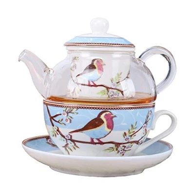 Immagine di fanquare Servizio da Tè per Una Persona con Uccelli e Fiori Pettirosso Blu, Tazza in Ceramica Piattino Teiera Vetro