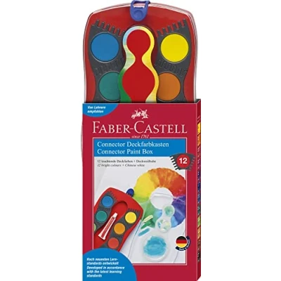 Immagine di Faber Castell 125030 Scatola di vernice CONNECTOR con 12 colori, incluso bianco opaco, scomparto per pennello e campo il nome, rosso, 1 pz.