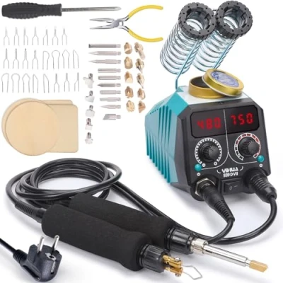 Immagine di YIHUA 939D VII pirografo professionale Kit per penna a bruciatura del legno Stazione 2 in 1 Solid Point 200 480C (con display di temperatura)/Wire Nib 250 750C con 23 punte, 25 punti solidi