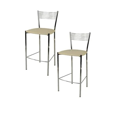 Immagine di t m c s Tommychairs Set 2 sgabelli Alti Modello Elegance per Cucina e Bar, Struttura in Acciaio Cromato Seduta Imbottita Rivestita Pelle Artificiale Colore Lino