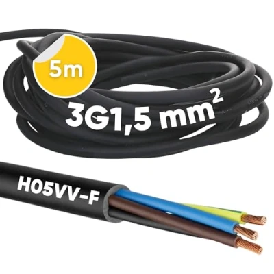 Immagine di Kalitec H05VV F tubo flessibile 3 x 1,5 mm² I cavo di alimentazione 3G1,5 mm2 con conduttore protezione, in PVC per interni, elettrico nero, lampada flessibile, dispositivo