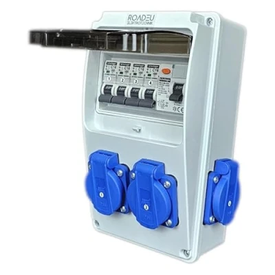 Immagine di RoadEu Distributore di corrente 230V, 4 prese Schuko con interruttore, RCD 40A tipo A/AC, 4x LS C16A. da cantiere IP44.