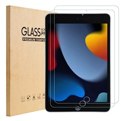 Immagine di TopEsct Confezione da 2 pellicole proteggi schermo per iPad 10,2&quot;, in vetro temperato Apple 2021, 2020, 2019 (9a/8a/7a generazione), durezza 9H, ultra trasparente, antigraffio, 7,