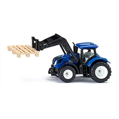 Immagine di siku 1544, Trattore Giocattolo per Bambini New Holland con Forca pallet, Incl.1 Metallo e Plastica, Blu, Caricatore frontale mobile
