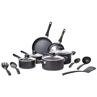 Immagine di Amazon Basics Batteria da cucina, 15 unità con rivestimento antiaderente, Nero