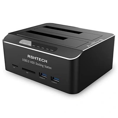 Immagine di RSHTECH USB 3.0 Aluminum Dual Bay Hard Drive Dock per 2.5&amp;3.5 SATA HDD SSD, Supporta Schede SD TF e Funzione di Clonazione Docking Station Dischi Rigidi, Supporto 2 Unità da 16 TB（RSH DS02）