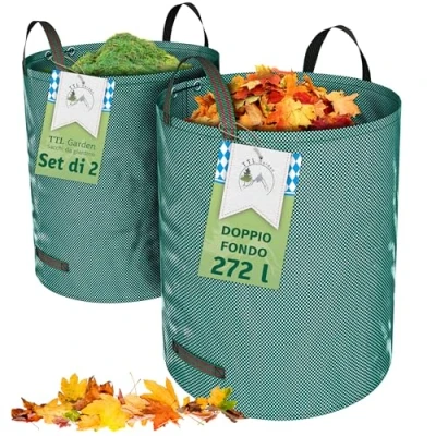 Immagine di TTL Garden, 2 sacchi da giardino 272 l, doppio fondo extra stabile, 4 manici, 150 g/mq, robusto e pieghevole, set giardino, per erba, foglie, siepe, rifiuti