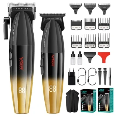 Immagine di VGR Kit Barbiere Uomo Taglia Capelli Professionale, Tagliacapelli Elettrico Senza Fili, e T Lama Zero Gap Trimmer Set Tagliare i Ricaricabile USB, Display LED, 9 Pettini Guida