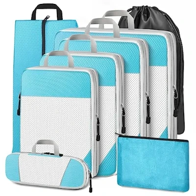 Immagine di Cinnani Organizer Valigia a Compressione, Set di 8 da Viaggio, Packing Cubes for Travel, Cubi Organizzatori Organizzatore Viaggio Salvaspazio per Vestiti, Scarpe, Intimo