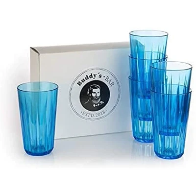 Immagine di Buddy&#039;s Bar Set di 6 bicchieri in plastica Tritan alta qualità, 0,4 litri, senza BPA, effetto cristallo, infrangibili, riutilizzabili e lavabili lavastoviglie, 400 ml, blu