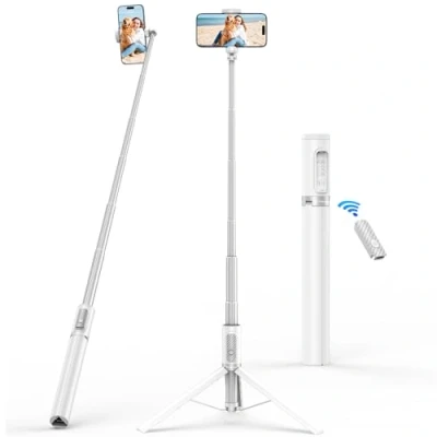 Immagine di SYNCWIRE Bastone Selfie 157 cm, Treppiede Stick in Alluminio con Telecomando Bluetooth Ricaricabile per iPhone e Smartphone Android, Perfetto Viaggi, Vlogging, Registrazione Video, Bianco